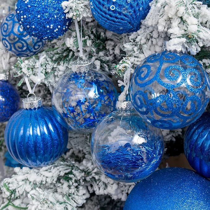 XmasExp 8ct Christmas Ball Ornaments Set -Large Clear Plastic Shatterproof Xmas Tree Ball Hanging Baubles Stuffed Delicate Glittering for Holiday Wedding Xmas Party Decoration (100mm/3.94",Blue)
