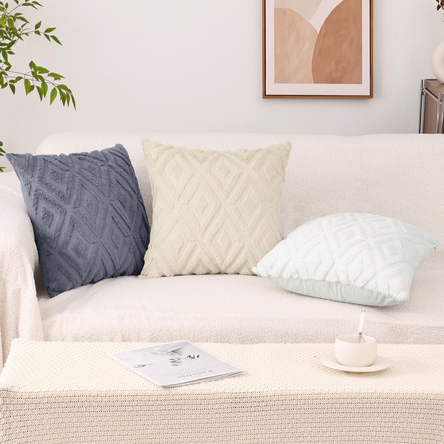 Pallene Christmas Cream White Throw Pillow Covers 26x26 Set of 2, Soft Plush Faux Fur Decorative Couch Pillow Covers for Sofa Bed Living Room Pillow Cases with 3D Diamond Pattern