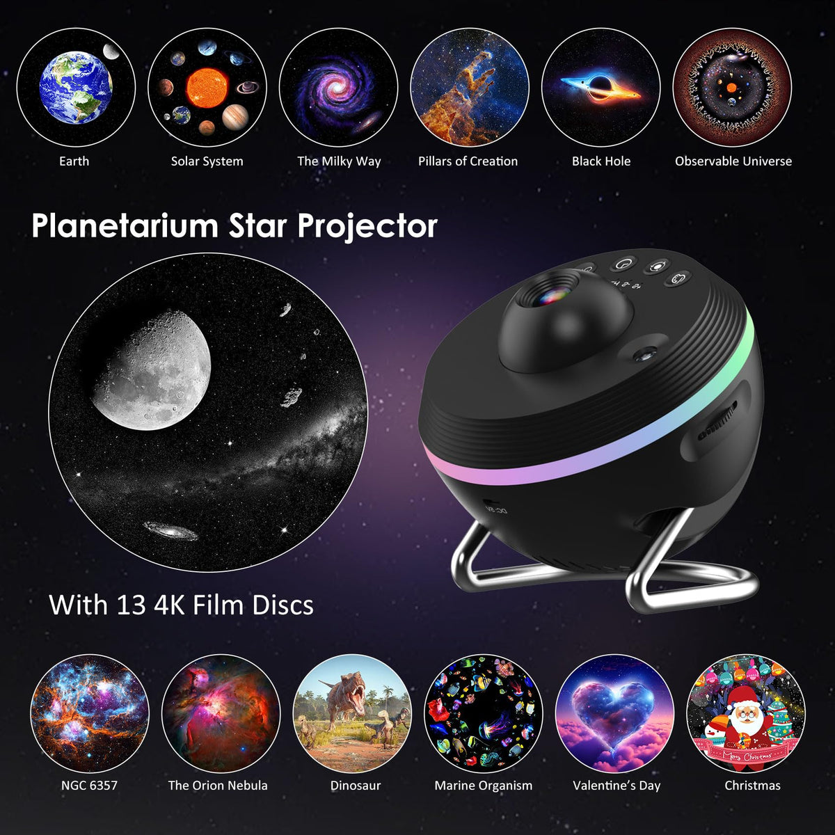 Galaxy Projector for Bedroom, 13 in 1 Planetarium Projector with Meteor Effect, LED Space Galaxy Lamp, Night Lights Room Decor for Kids Adults Birthdays Christmas Gifts