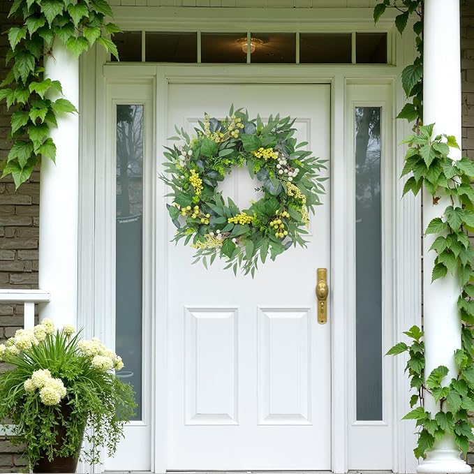 Artificial Green Eucalyptus Wreath for Front Door: 24 Inch Summer Wreaths for Indoor and Outdoor Decor, Large Boxwood Wreath for All Seasons, Spring Greenery Wreaths for Indoor/Outdoor Decorations