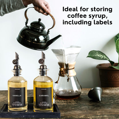Verspace Olive Oil Dispenser Bottle For Kitchen With Silicone Tray & 40 Labels, Soy Sauce Dispenser, Coffee Syrup Dispenser, Olive Oil Bottles Set Of 2, Black