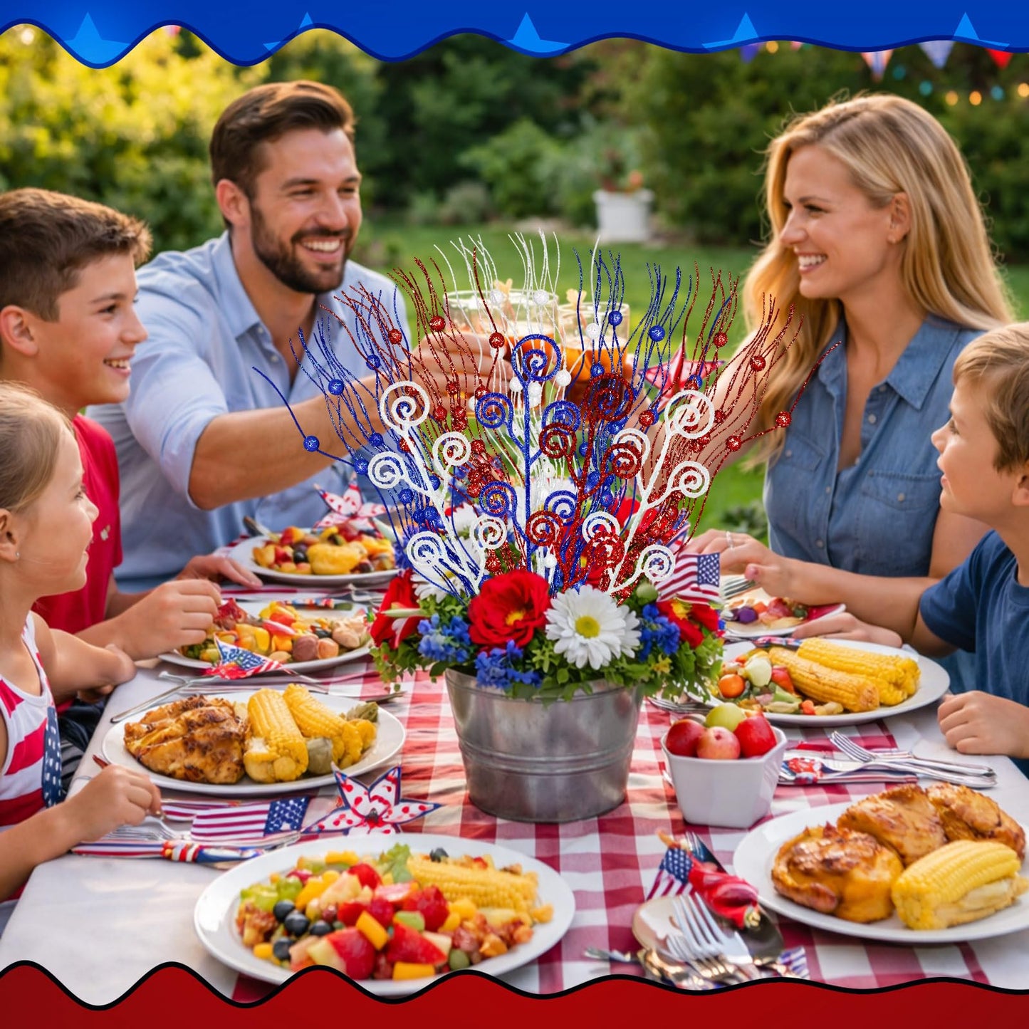 Daifunli 36 Pcs Red Blue White Patriotic Berry Stem Pick and Sprays Ornament 4th of July 17'' 12'' Artificial Flowers 250th Anniversary Independence Day Glitter Branch Stick Filler for Wreath Vase