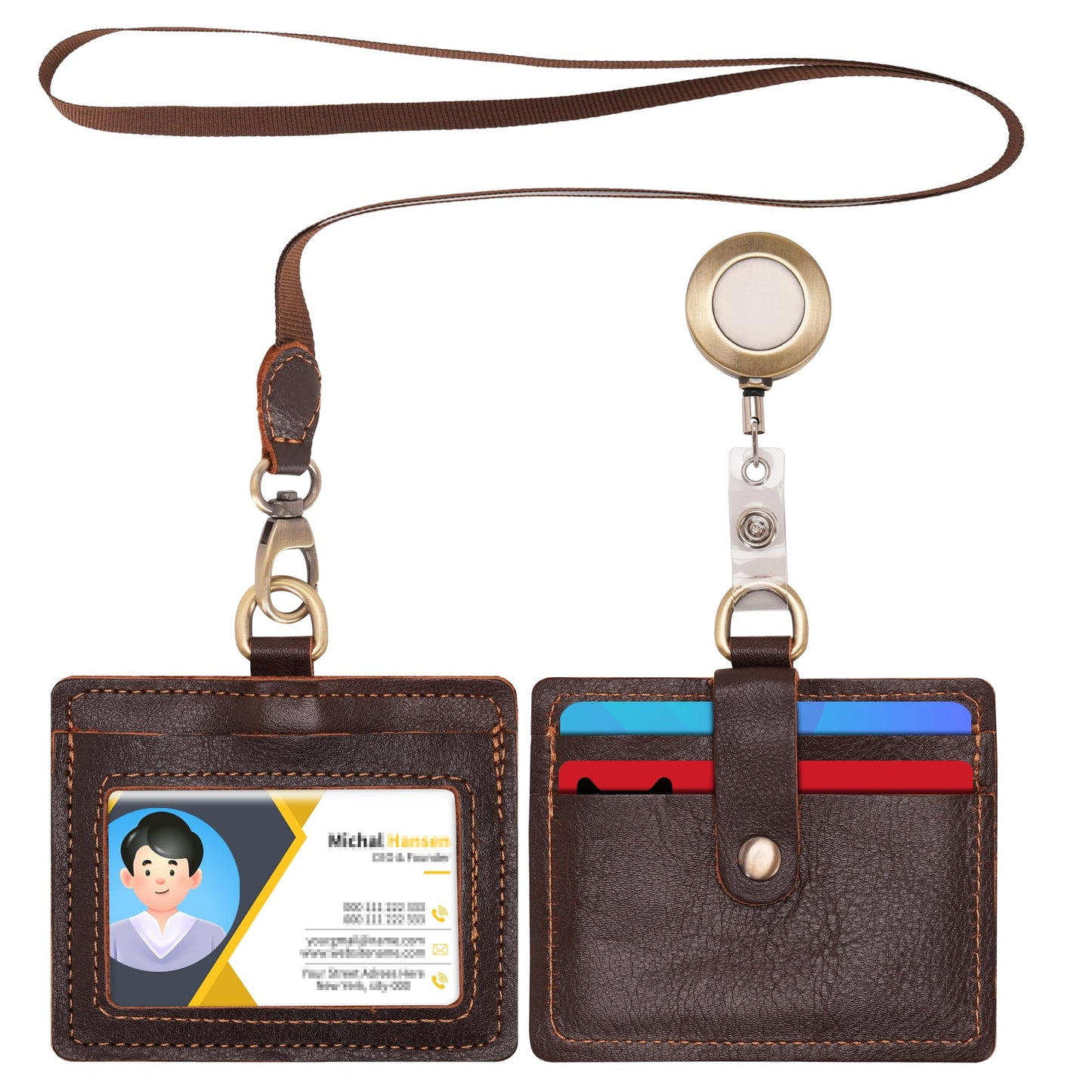 Wonderpool Leather Horizontal Badge Holder with Detachable Neck Lanyard and Retractable Badge Reel Clip, Card Slots Case ID Card Holder for ID Badges Card and Driver Licence (Coffee)