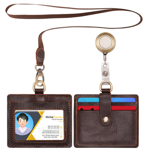 Wonderpool Leather Horizontal Badge Holder with Detachable Neck Lanyard and Retractable Badge Reel Clip, Card Slots Case ID Card Holder for ID Badges Card and Driver Licence (Coffee)