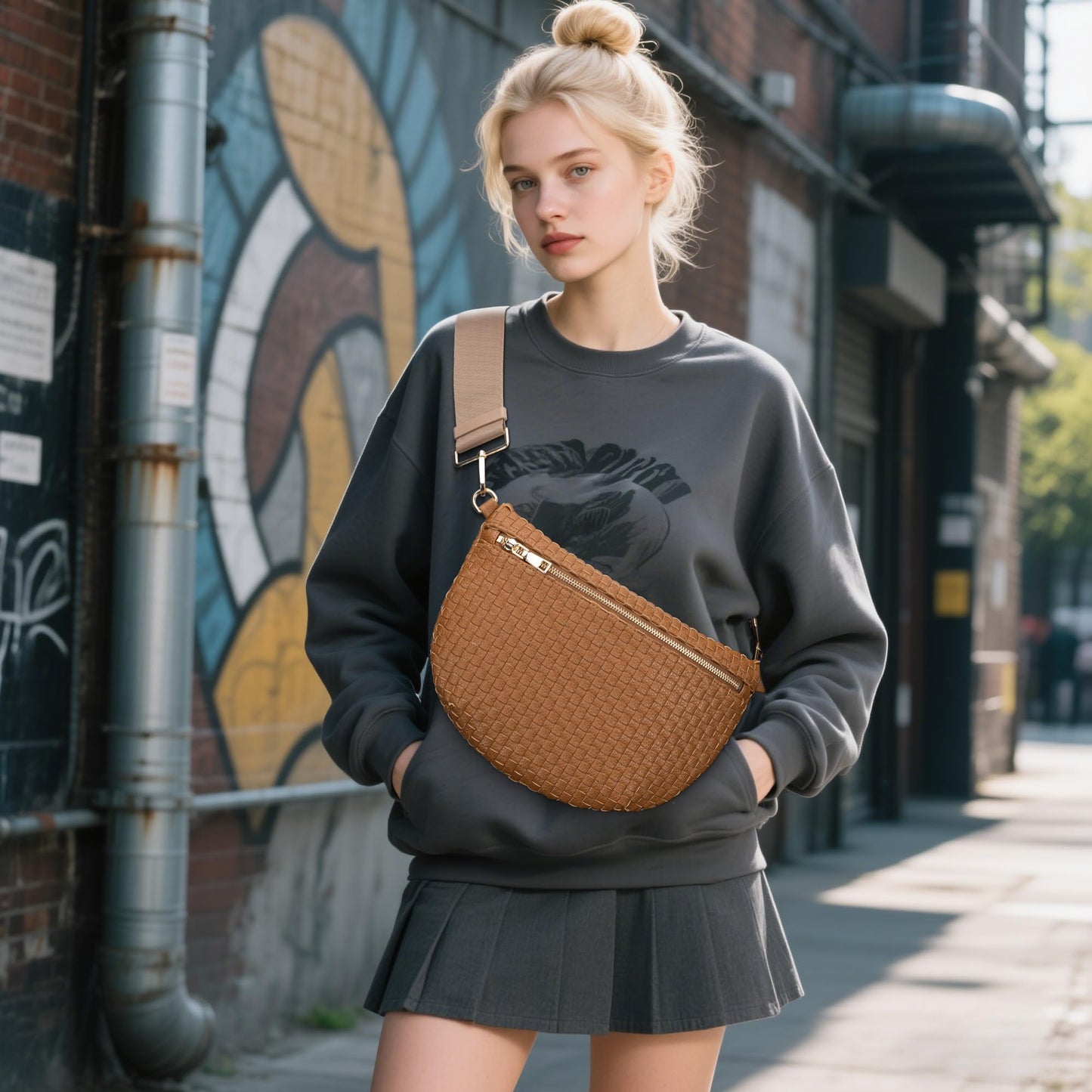 AMZFROG Woven Crossbody Bag for Women Stylish Casual Oversized Bum Bag Sling Purses Vegan Leather Fanny Pack Chest Bag with Adjustable Strap for Outdoor Travel Brown
