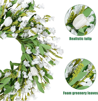 Sggvecsy Spring Summer Wreath for Front Door 22 Inch Artificial White Flower with White Tulips Greenery Leaves Lavender for All Seasons Home Farmhouse Indoor Outdoor Wall Decor