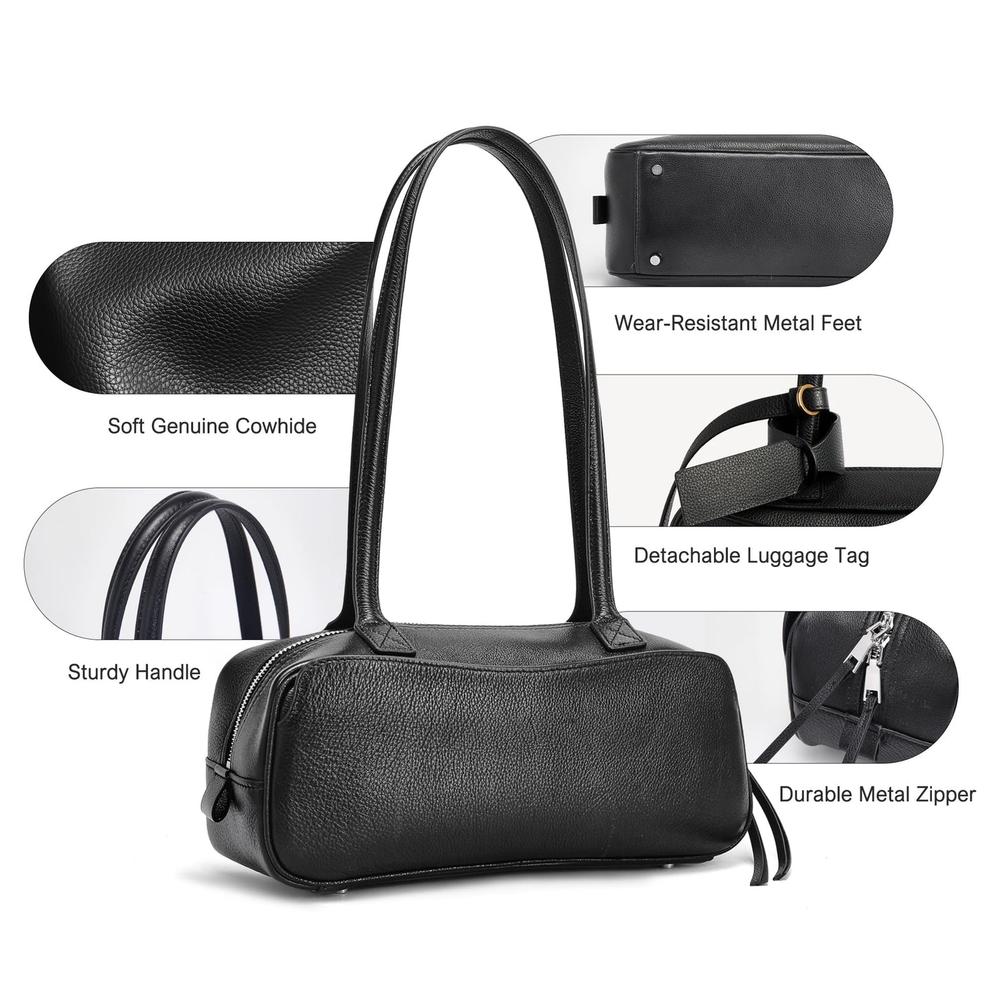 hedexe Leather Shoulder Bag for Women: Genuine Leather Hangbag for Ladies - Chic Bowler Purse for Work Travel & Daily(01Black)