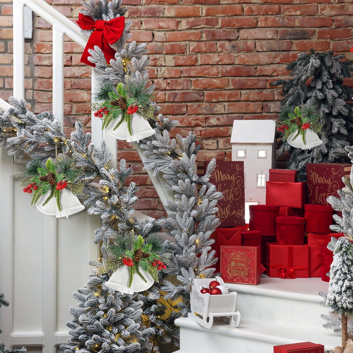 Tioncy Christmas Bell Hanging Ornaments 8.7" Large Rustic Metal Bell Decoration Xmas Hanging Decorative Bell with Red Berry for Christmas Wreath Tree Door Decor(White,4 Pcs)