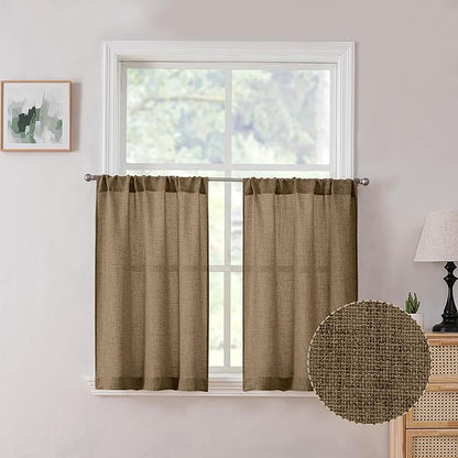 Tollpiz Linen Tier Curtain Rod Pocket Semi Sheer Half Kitchen Curtains Burlap Light Filtering Thick Linen Drape for Bathroom, 30 x 36 inches Long, Brown, Set of 2 Panels