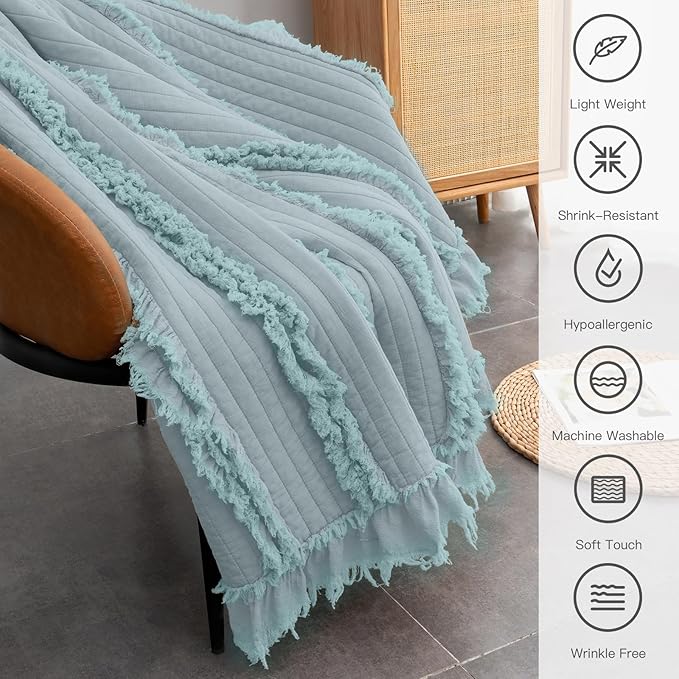 Ultra Soft Pre-Washed Quilted Boho Blue Green Twin Size Blankets for Bed, Ruffle Fringed Decorative Throw, Stone Washed Chic Rustic Blanket for Sofa Couch Bed, 60"*80"