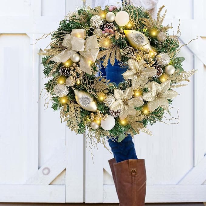 WANNA-CUL Pre-Lit 24 Inch Lighted Christmas Wreath for Front Door Champagne Gold Christmas Door Wreath Decor with Ball Ornaments, Poinsettia Flowers,Ribbon,Pine Cones,Battery Operated 30 LED Lights
