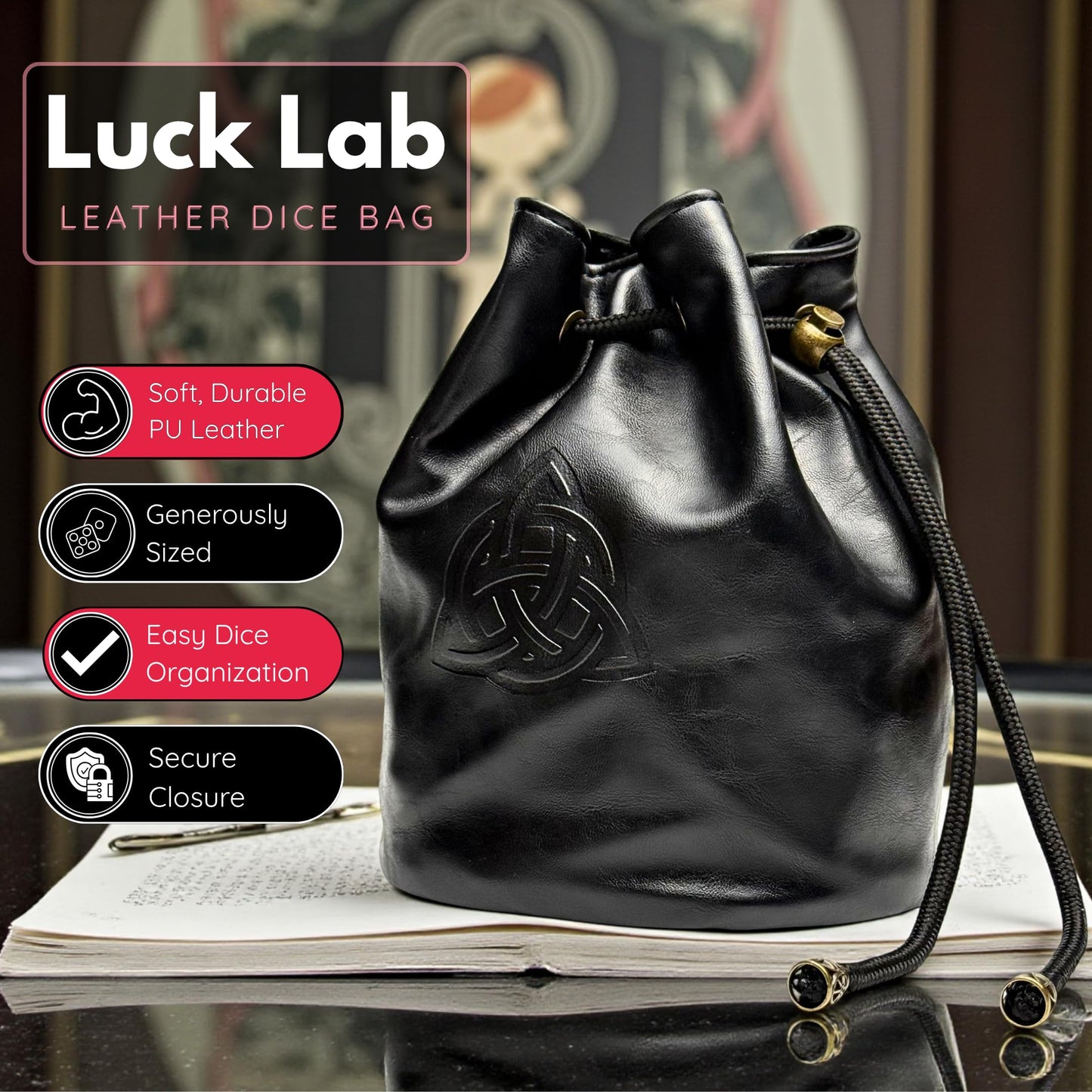 Luck Lab Dice Bag for DnD – Large Velvet-Lined PU Leather Dice Pouch w/ 4 Pockets, Embossed Design & Antique Gold Accents – Durable Dice Organizer for Tabletop RPGs & Game Accessories (Black)