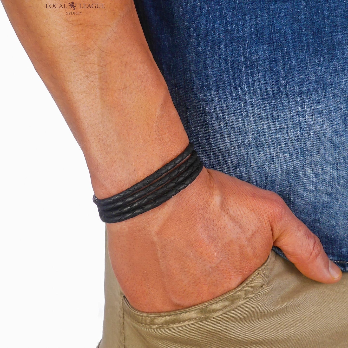 LOCAL LEAGUE Mens Leather Bracelet SURF PATROL - Fully Adjustable - BLACK Braided Cord for Men, Women, Multilayer Wristband Surfer Wrap Rope CALI VIBES BEACH Party Holidays Festival