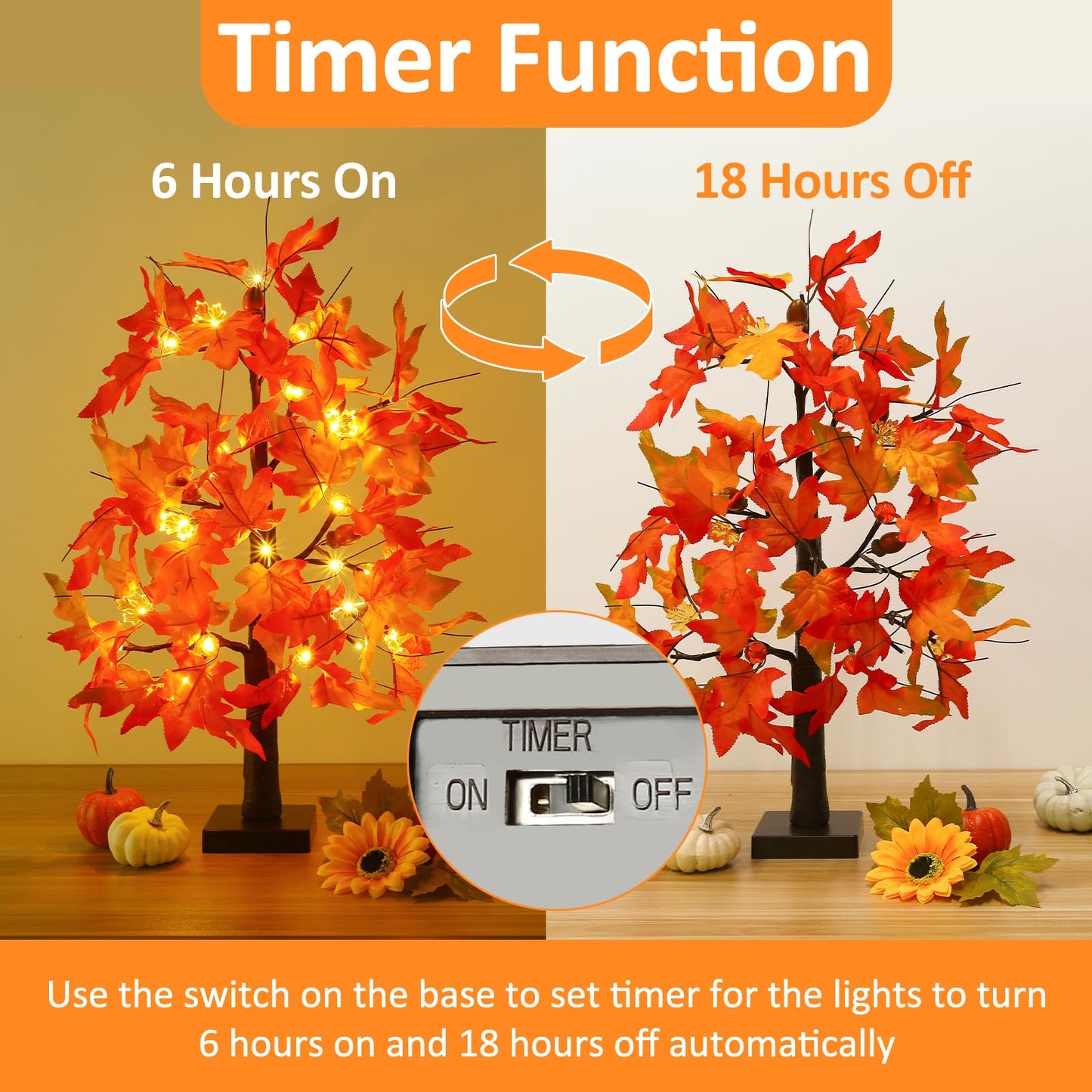 Joyhalo 2 Pack 23.5 Inch Fall Trees with Lights, Timer Battery Operated Fall Light Up Tree for Thanksgiving Autumn Home Office Room Indoor Decorations, Faux Fall Lighted Maple Trees Decor