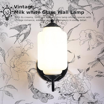 Antique Black Milk Glass Wall Sconce - Vintage Green Shade & Brass Finish Base - Indoor Wall Lighting Fixture for Living Room, Bedroom, Bathroom, Hallway, Entryway (White)