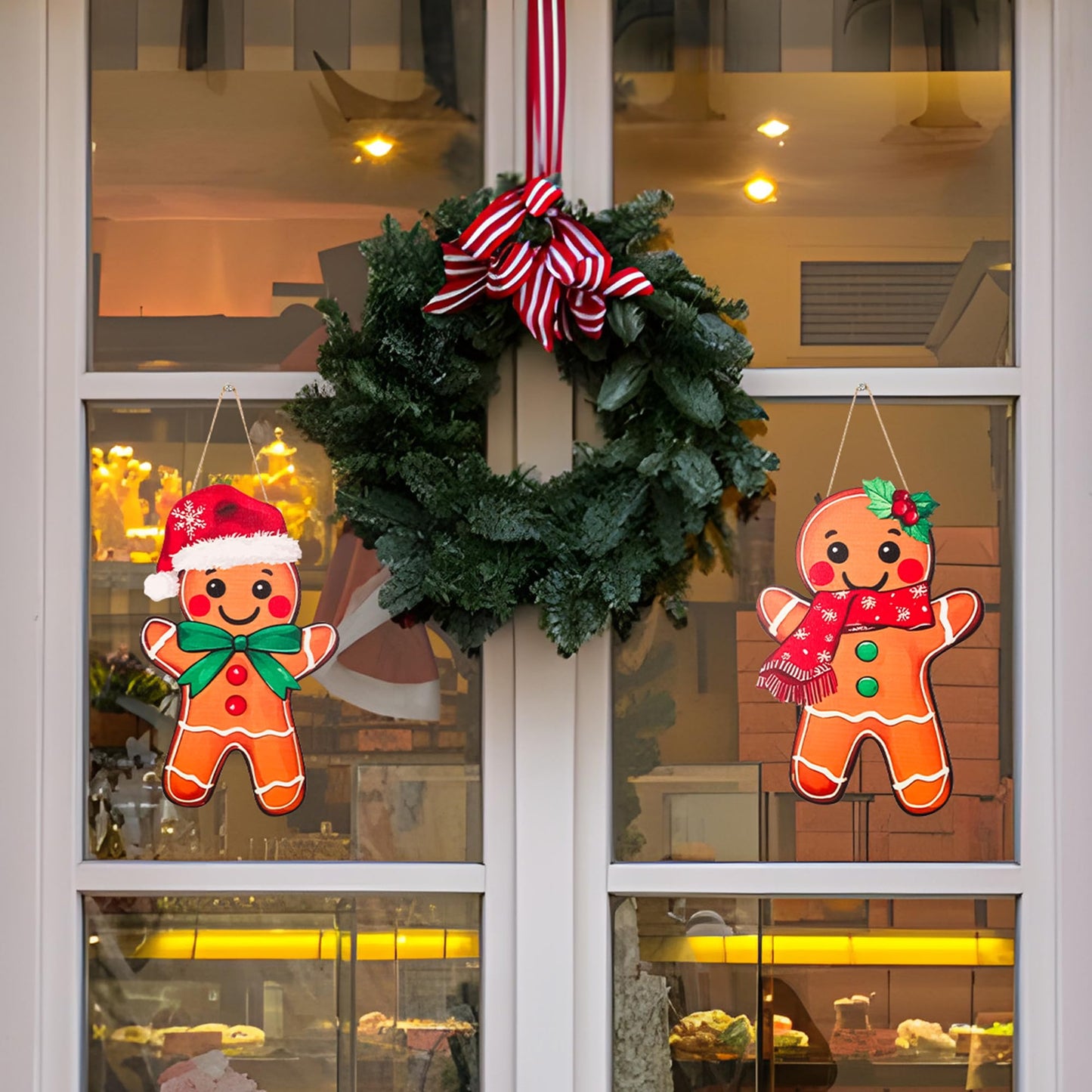 2Pcs Christmas Gingerbread Hanging Signs Gingerbread Men Women Front Door Decor Xmas Red Green Welcome Wreath Hanger for Holiday Porch Window Wall Home Decor