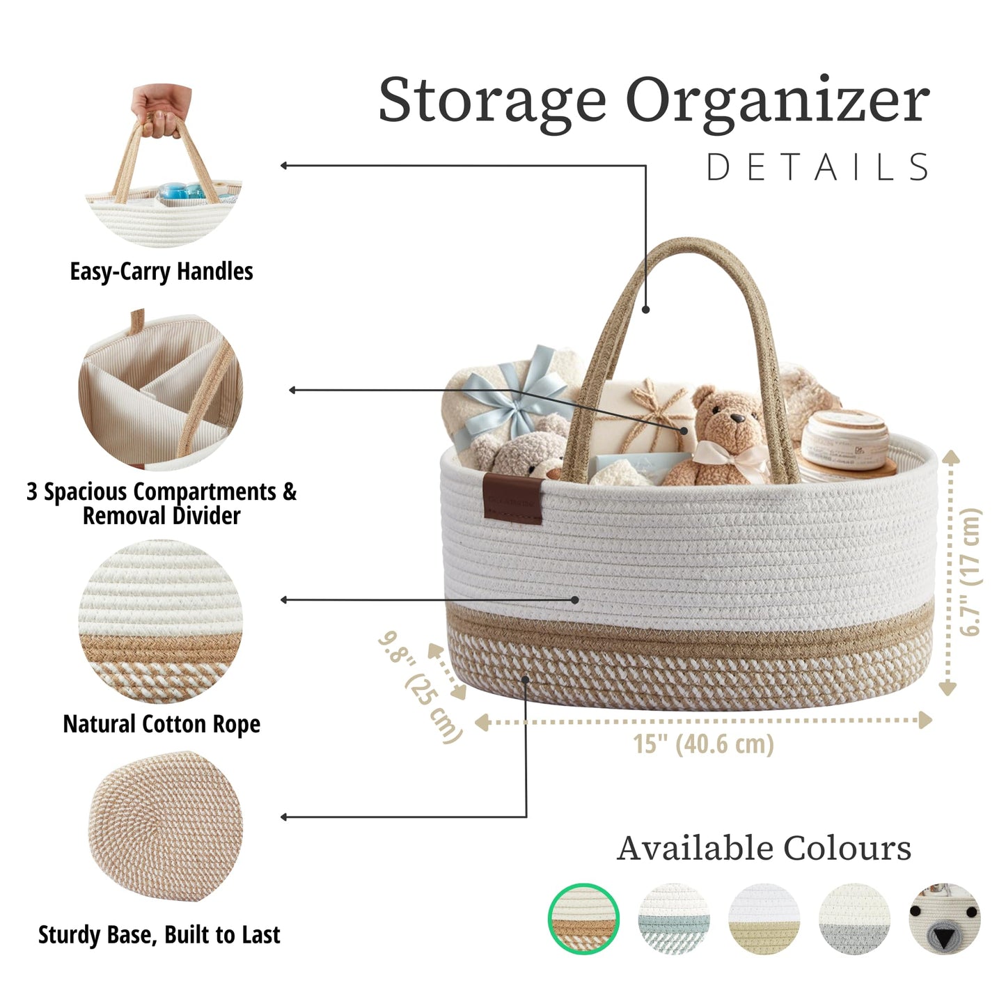 DECOMOMO Baby Caddy Organizer, Diaper Caddy Basket, Baby Baskets for Baby Shower (Spiral Beige & White, Large)