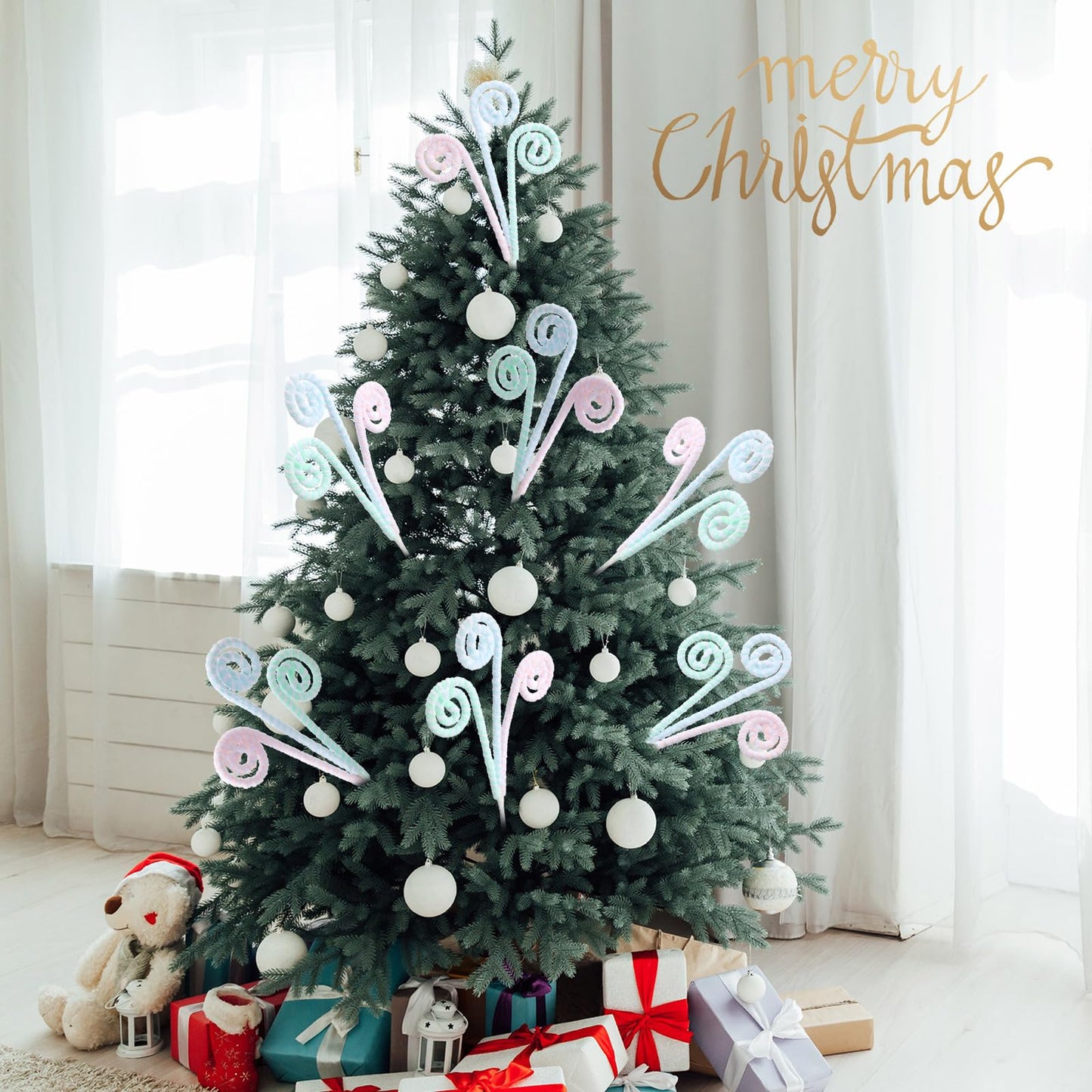 Gerrii 16" Pastel Christmas Decor Candy Cane Tree Picks Christmas Ornament Pastel Curly Pick Spray Macaron Stem Topper Large Lollipop Branches Stick for Home Wreath Vase Filler Craft Holiday Party