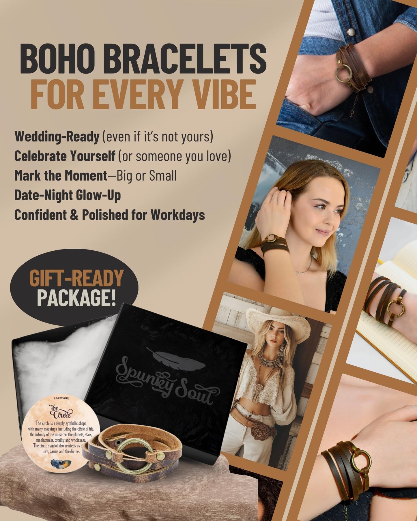 SPUNKYsoul 5 Wrap Leather Circle Bracelet - Adjustable Boho-Inspired Leather Bracelet for Women, Unique Distressed Jewelry with Symbolic Circle, Ideal for Everyday Wear & Gifting (Women's Brown)