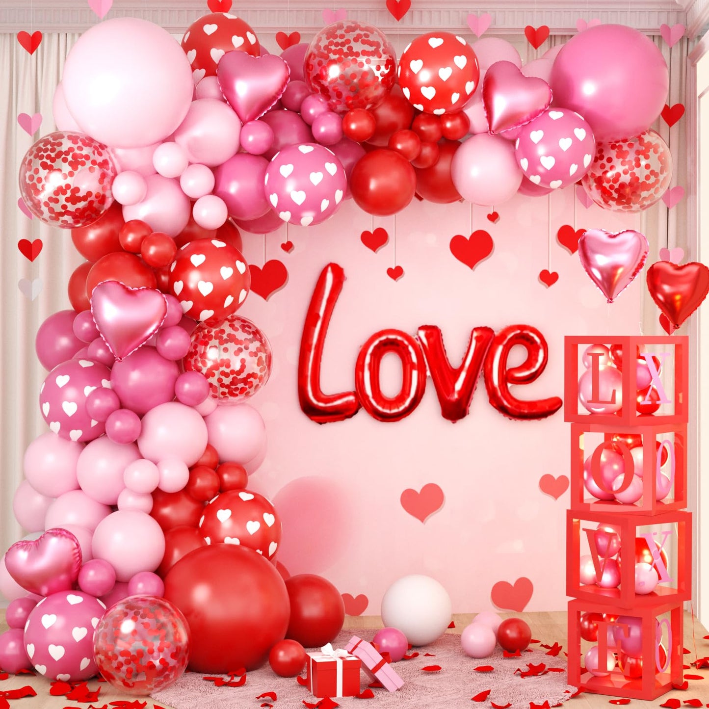 OTLGEUA Valentines Day Balloons Garland Arch Kit, Pink Red Valentines Day Party Decorations with XOXO LOVE Boxes for Women Girls Wedding Engagement Anniversary