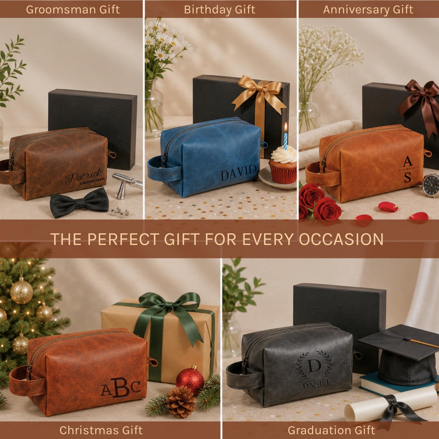 Motiwear Custom Leather Toiletry Bag for Men Personalized Dopp Kit Travel Grooming Organizer Gift for Him Stylish - Dark Brown