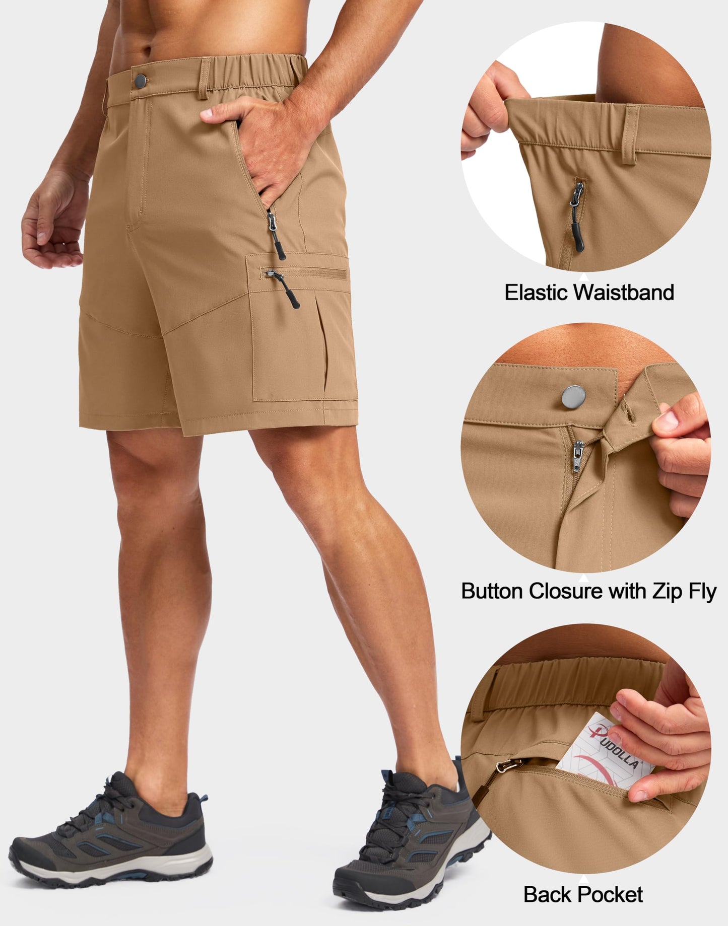Pudolla Men's Hiking Cargo Shorts Lightweight 7" Travel Casual Shorts for Men Golf Work Outdoor with 5 Zipper Pockets(Dark Khaki 3X-Large)