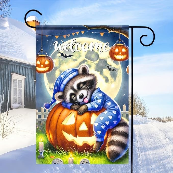 Halloween Raccoon Jack O Lantern Garden Flag Double Sided, Halloween Holiday Decorative Yard Outdoor Home Small Decor, Fall Autumn Outside House Decoration 12 x 18 inch