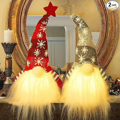 Juegoal 15" Lighted Christmas Gnome, Handmade Plush Scandinavian Swedish Tomte, Light Up Elf Toy Holiday Present, Battery Operated Winter Tabletop Christmas Decorations, 2 Set