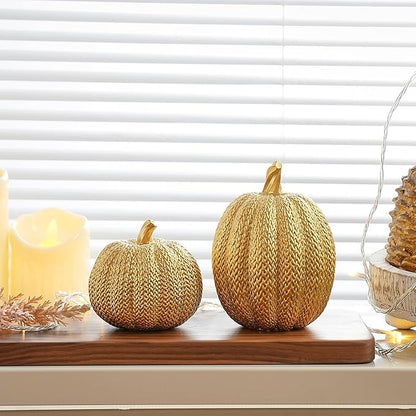 Pumpkin Fall Decor Indoor - Gold Pumpkin for Decorating, 2Pcs Resin Pumpkins Decor with Woven Effect, Thanksgiving Table Centerpiece, Fireplace, Autumn Harvest Party Decorations