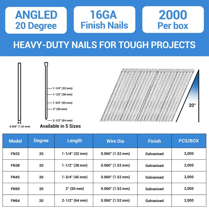 meite 16 Gauge 20 Degree Angled Finish Nails 1-1/4 Inch Galvanized Rust-Proof Finishing Nails for Electric or Pneumatic Finish Nailer - Cabinet Crown Baseboard Trim & Molding (24,000 PCS)