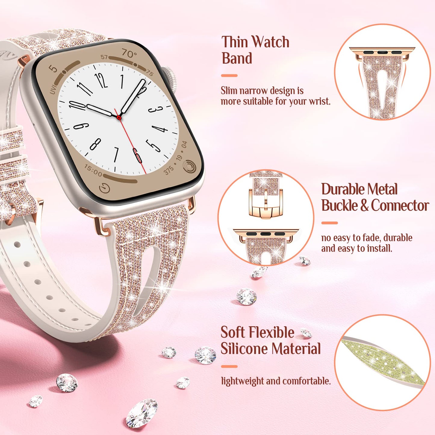 Goton Bling Silicone Band for Apple Watch Series 11/10 42mm, Series 7/8/9 41mm, Series 6/5/4/SE/SE2/SE3 40mm, Soft & Breathable Glitter Strap for Women, Stylish, Adjustable, Comfortable Fit, Sparkle
