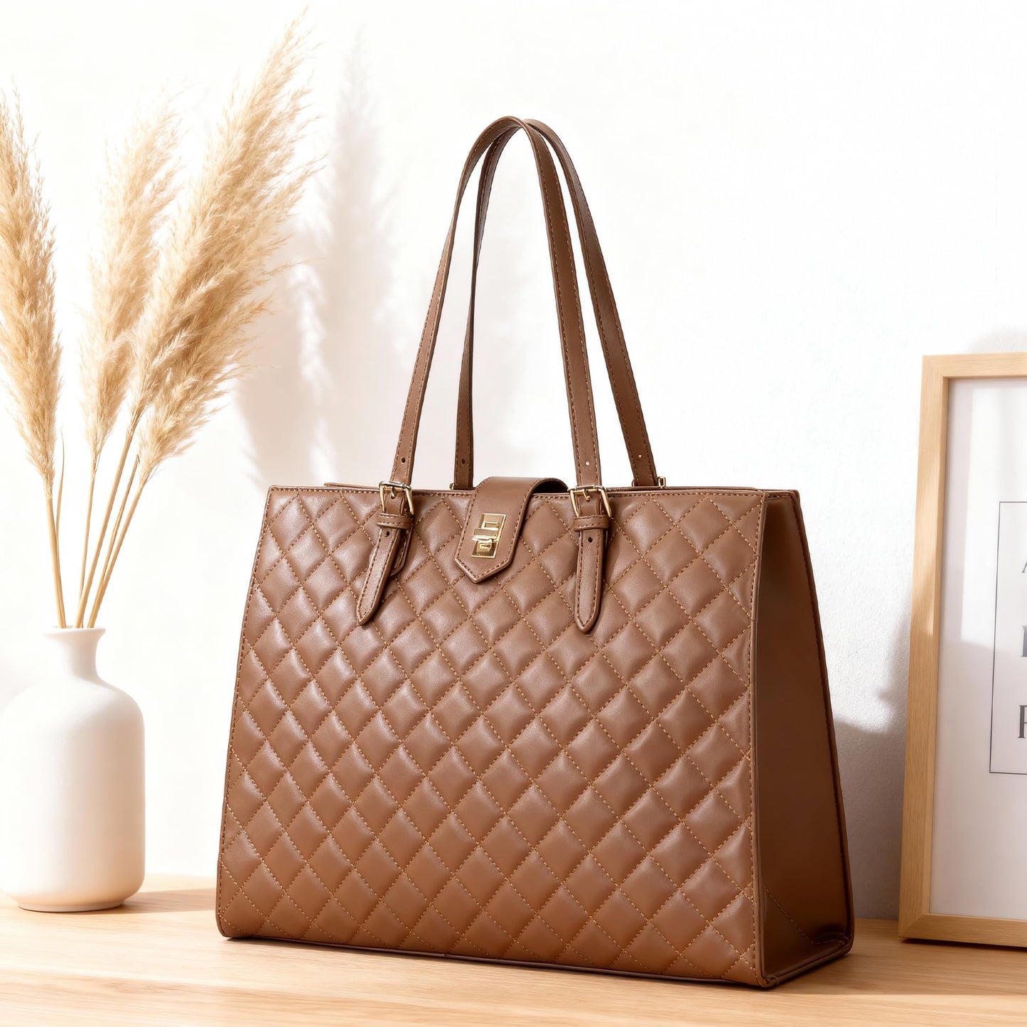BAGOK Quilted Laptop Tote Bag for Women, Large Capacity Work Tote with Laptop Compartment & Multi Pockets, Fits 13-14" Laptop, Nurse & Teacher Work Bag for Office, Business & Daily Use（Brown）