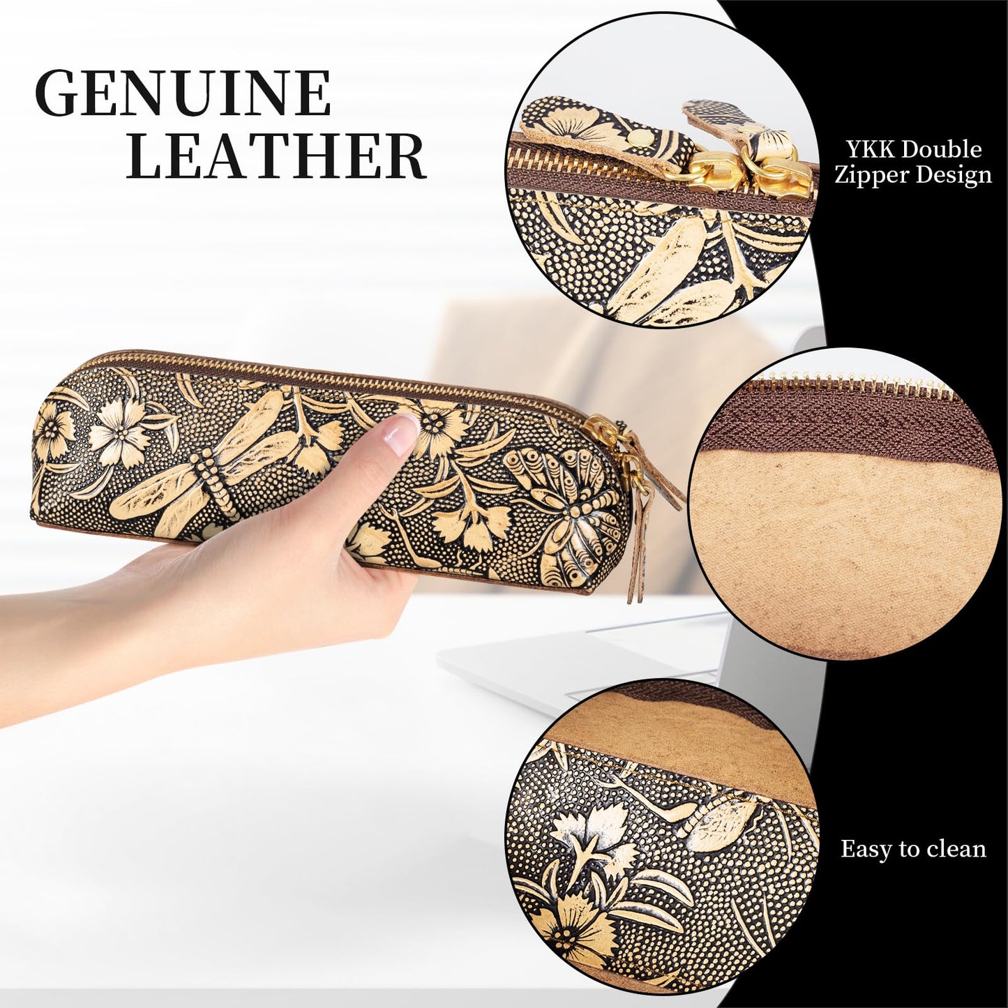 Gexmil Genuine Leather Pen Case, Full Grain Leather Pencil Holder, Hand-made Stationery Bag for Work & Office, Vintage Style, Butterfly Grey