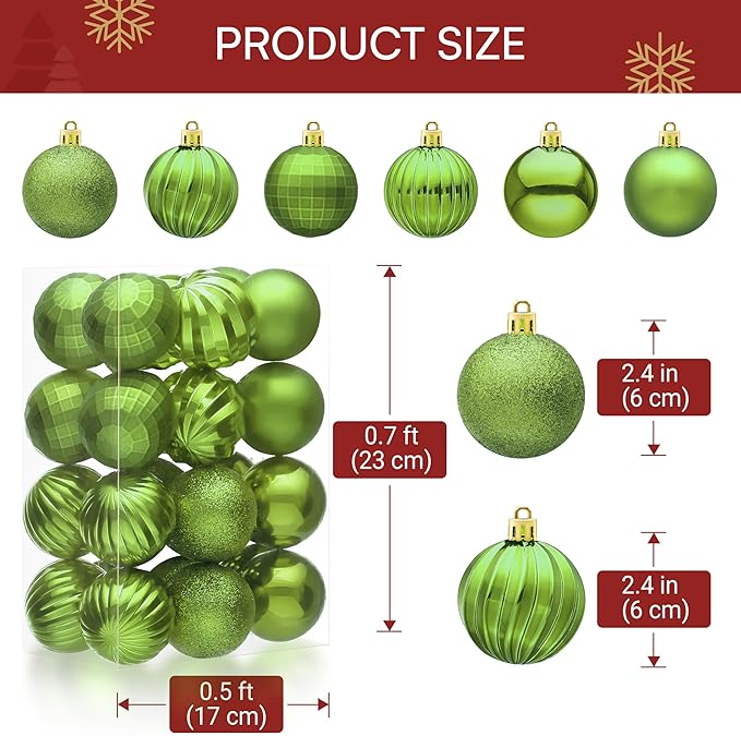 JOIEDOMI 24 Pcs Lime Green Christmas Balls Ornaments Set, 2.36" Christmas Tree Ornaments Shatterproof, Xmas Balls Hanging Decorations for Tree Wreath Garland Holiday Wedding Indoor Party Decor