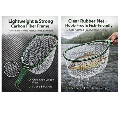 Aventik Floating Fly Fishing Net – Carbon Fiber Lightweight Landing Net with Clear Rubber Ghost Mesh for Trout – Catch and Release Friendly (Green with Standard Handle)