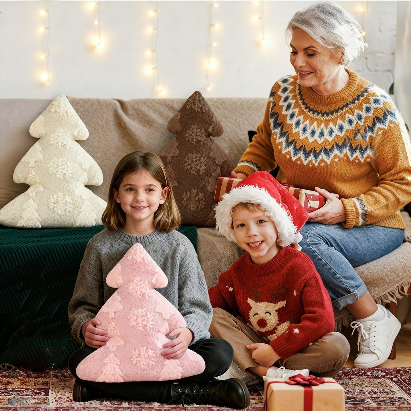 Lanpn Christmas Tree Pillows Set of 2, Snowflake & Tree Christmas Decoration Winter Soft Cute 3D Shaped Xmas Tree Throw Cushion for Sofa Bedroom Xmas Decor (18x16 inch, Pink)