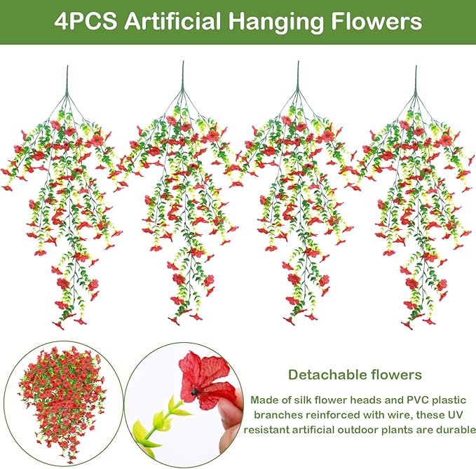 DOUBFIVSY Artificial Hanging Flowers for Outdoors, 4 Pcs Fake Hanging Plant Spring Summer Decor, UV Resistant Waterproof No Fade Faux Flower for Front Door Porch Patio Planter Garden (Red)