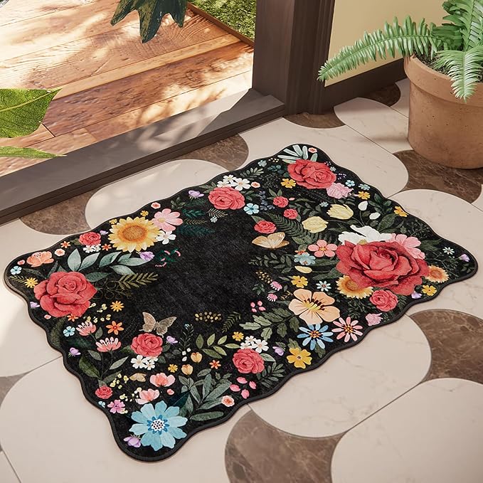 Washable Entryway Small Area Rugs: Door Mat Indoor Entrance 2x3 Floral Rug Ultra Thin Stain Resistant Non Slip Low Pile Lightweight Carpet for Kitchen, Front Door, Small Spaces Decor (Black)