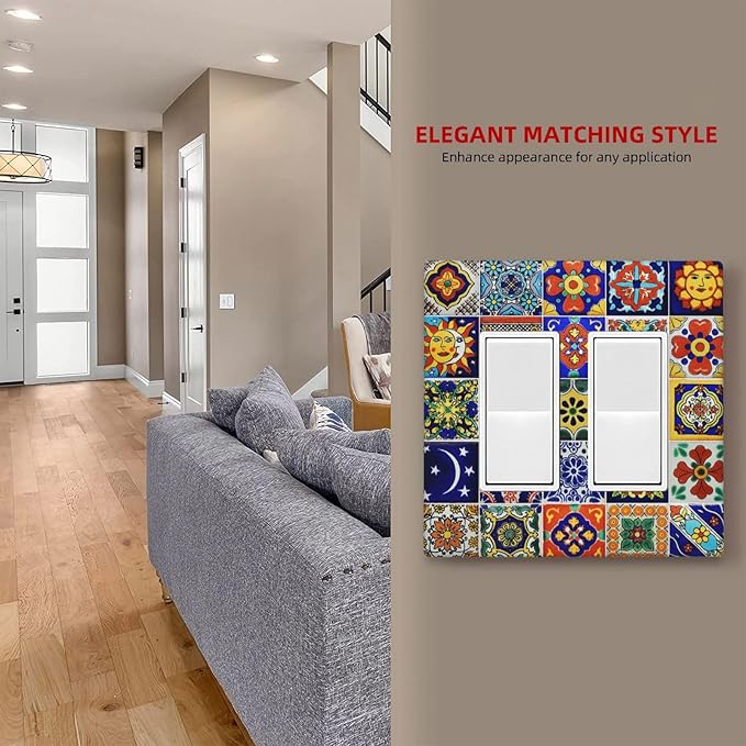 Traditional Colorful Talavera Mexican Spanish Moroccan Tiles Double Rocker Light Switch Cover 2 Gang Wall Plate Covers Decorative Electrical GFCI Outlet Plates for Home Bathroom Kitchen Decor