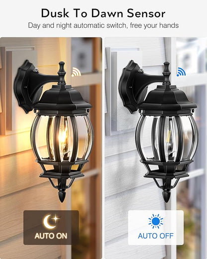 VIANIS Dusk to Dawn Porch Lights Outdoor, Black Exterior Light Fixtures Wall Mount for House, 2 Pack Modern Coach Lights for Garage with Tempered Glass, Anti-rust Outdoor Wall Sconce Lantern for Patio
