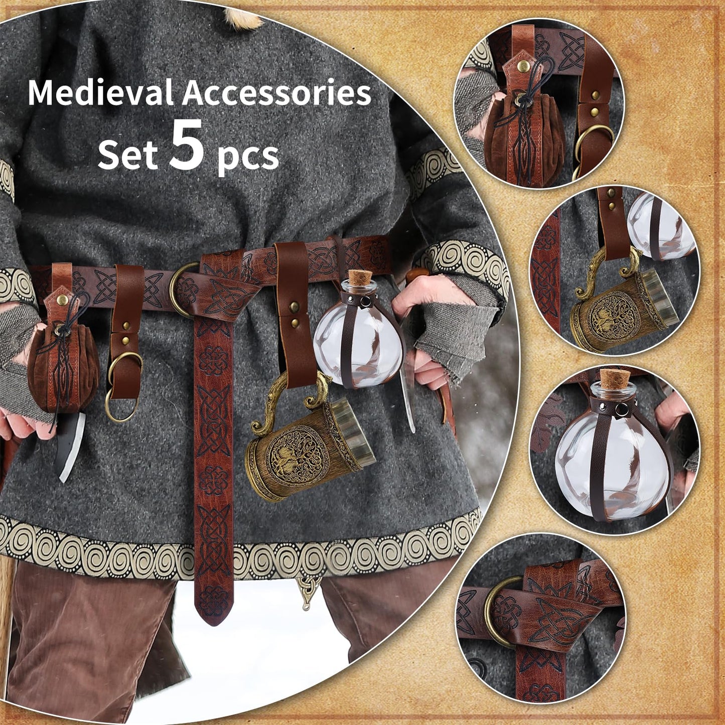 JBKN Women Renaissance Accessories Medieval Viking Belt Potion Bottles Belt Bag Leather Skirt Hikes for Halloween Festival Cosplay