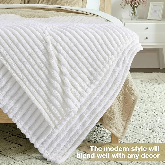 decorUhome Soft Fleece White Blanket Queen Size for Bed, Cozy Fluffy Plush Flannel Large Striped Throws for Couch Sofa, Lightweight Decorative Fuzzy Blanket for Woman, 90x90 Inches