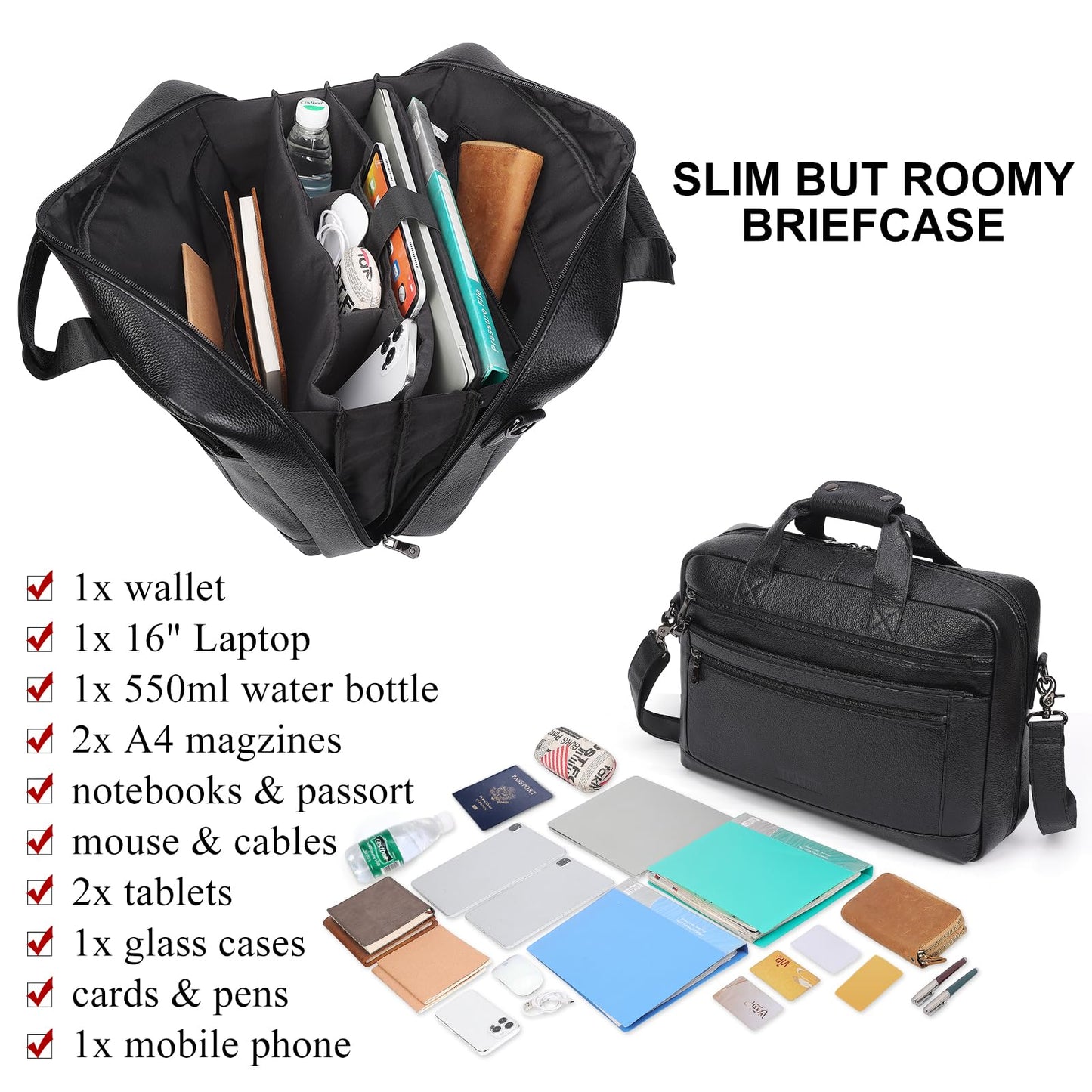 Masa Kawa Men’s Leather Briefcase for 16" Laptop Waterproof Crossbody Shoulder Messenger Bag Business Travel Work Computer Attache Case, Black