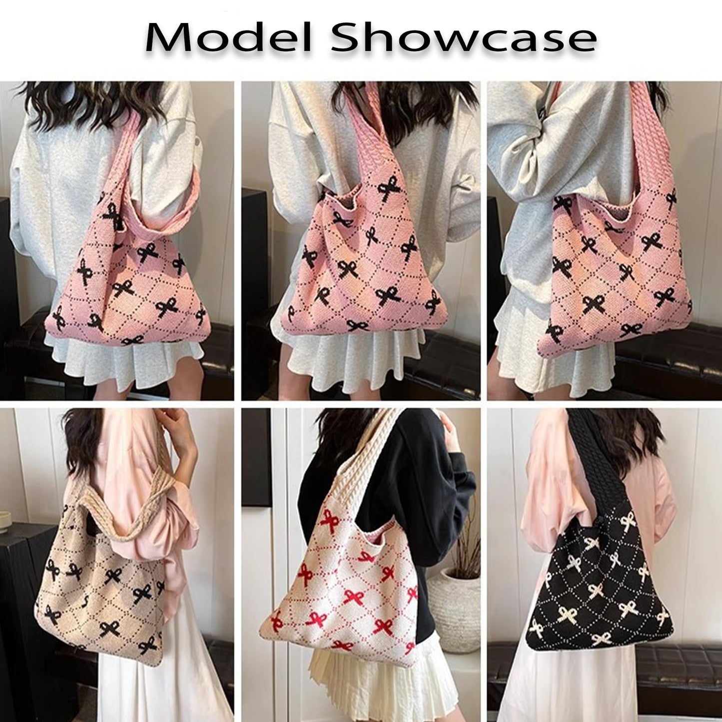 Busnos Beige Crochet Beach Bags For Women Coquette Bow Tote Bag Purse For Women Cute Crochet Beach Tote Bag Boho Knit Shoulder Purses Trendy Womens Travel Vacation Handbag
