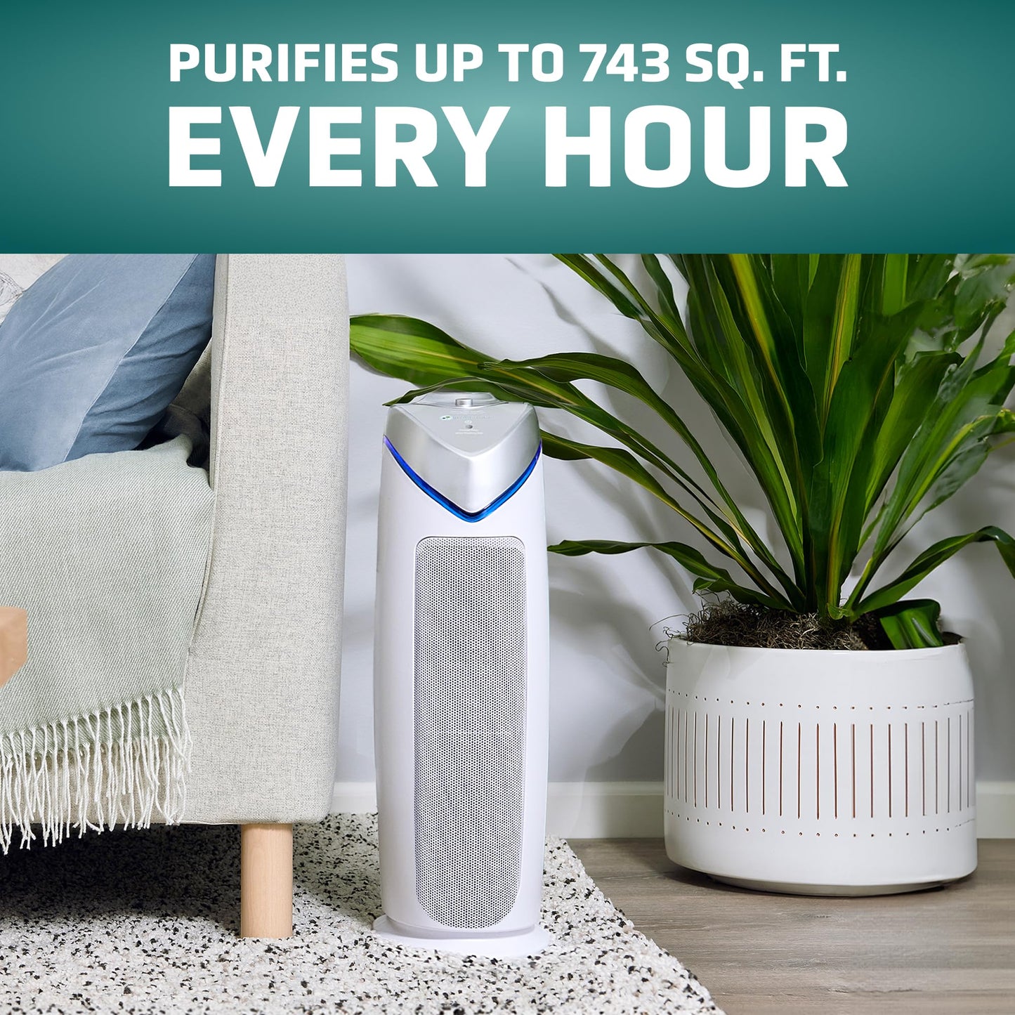 GermGuardian 4-In-1 HEPA Air Purifier for Home, Large Rooms Up To 743 Sq. Ft. with HEPA Air Filter, UV-C Light & Odor Reduction, AC4825E, 22" Tower, Gray