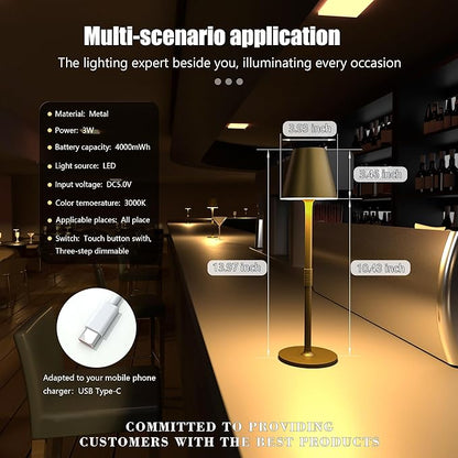 LED CordlessTable Lamp,4000mAh Rechargeable Battery Desk lamp,3 Level Brightness Beside Night Light, Minimalist Design, for Couple Dinner/Coffee Table/Restaurant/Bedroom(Bronze 2PACK)