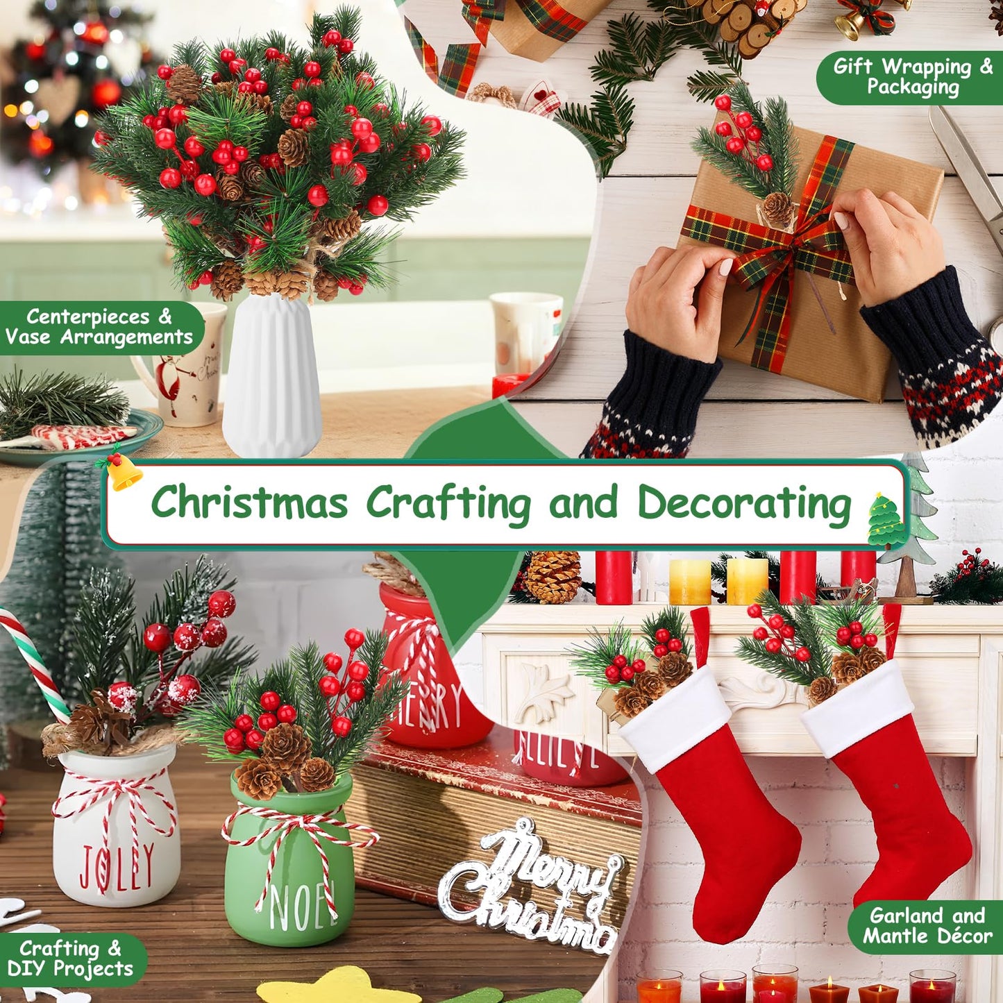34Pcs Artificial Christmas Floral Picks, Red Berry Picks with Pinecones and Pine Branches, Fake Berries Pine Cone Berry Stems Set for Wreath, Garland, Vase, Tree, Holiday Home Winter Decorations