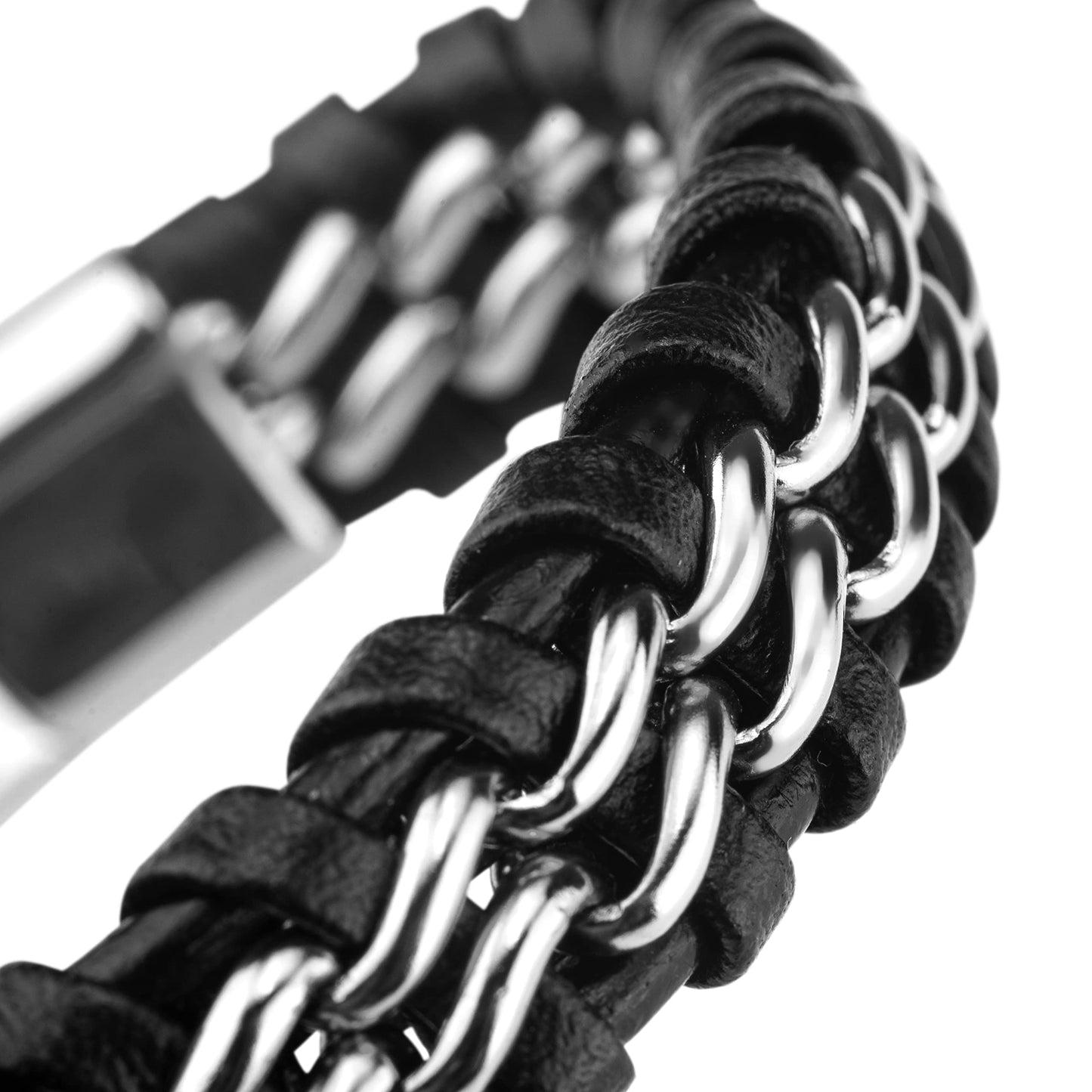 SERASAR 8″ Silver Leather Bracelets for Men Mens Cowhide Gift Box Braided Bracelet Stainless Steel Jewelry Wrist Band Cuff Wrap Rope Bangle Dad Pulseras para Hombres Cuero Regalo