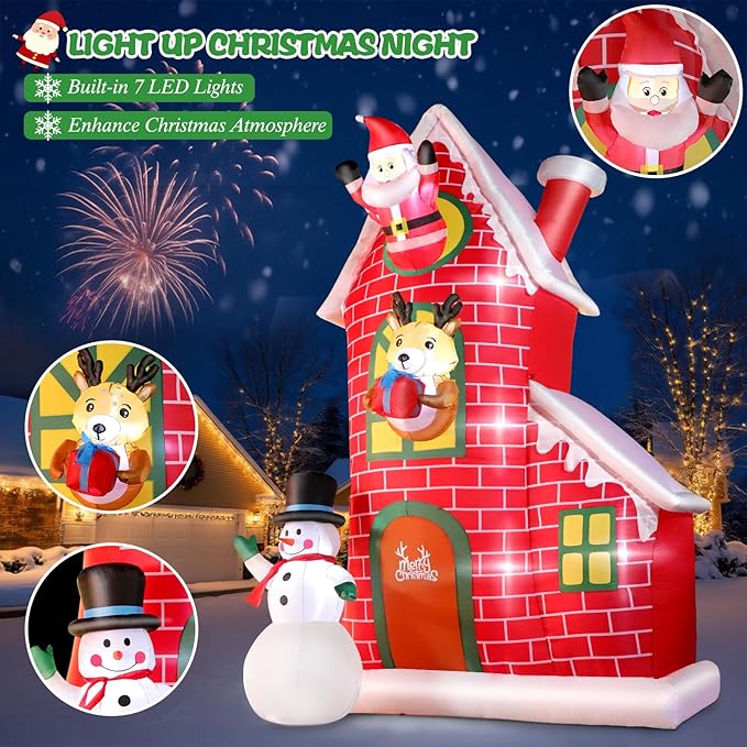 12FT Christmas Inflatable Outdoor Decoration, Huge Christmas Castle with Santa Snowman and Reindeer with Built-in LED Lights, Giant Blow Up House with Chimney for Xmas Decor Lawn, Yard, Party