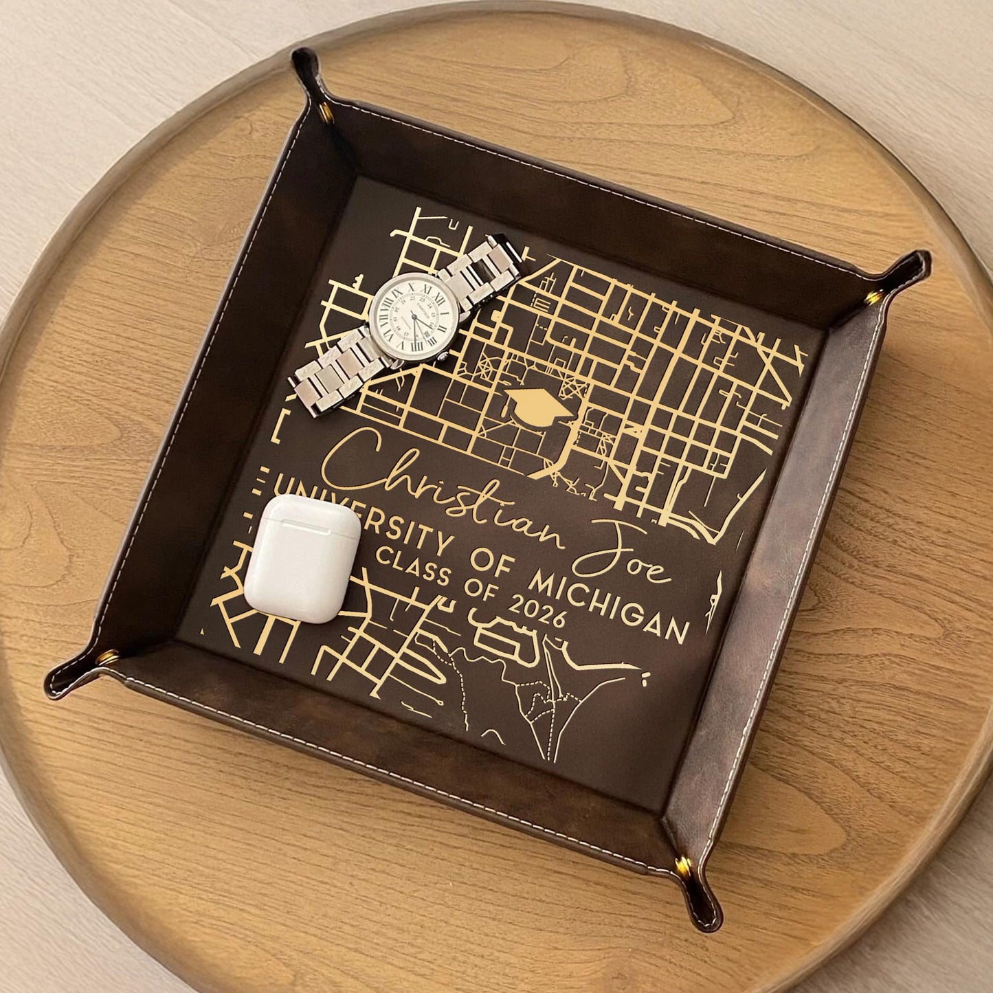 LUCY ENGRAVING Custom Campus Map Graduation Leather Tray, College Grad Leather Nightstand Organizer - Class of 2026, College Graduation Gifts for Graduates, Personalized Valet Tray for Men